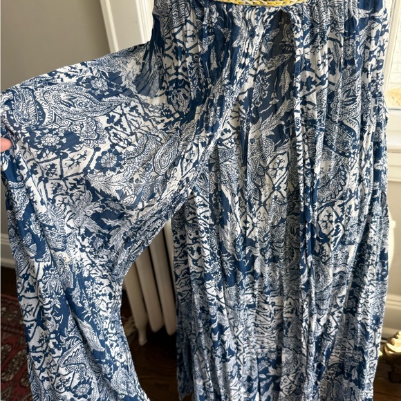 Free People Bohemian Blue Block Print Floral Tie-Shoulder Maxi Sun Dress S - Picture 9 of 12